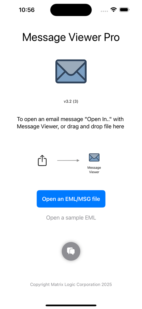 Message Viewer Pro - Message Viewer Pro app home screen showing options to open EML and MSG email files on iPhone