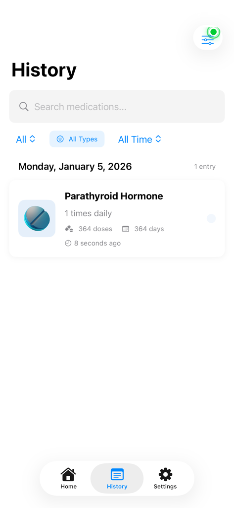 Tela de histórico do aplicativo Track Your Pills mostrando um registro de medicamentos para Hormônio da Paratireoide