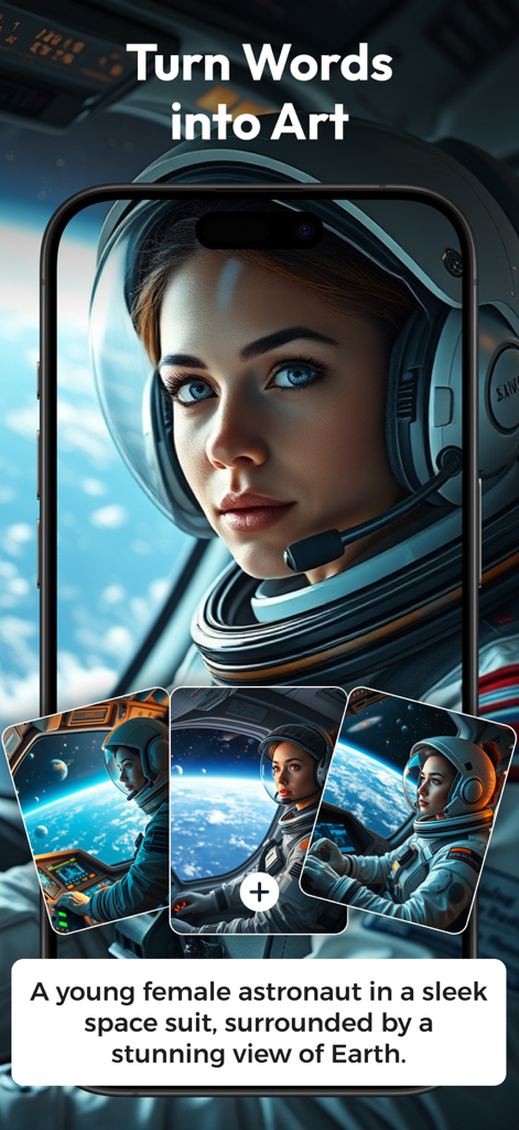 Photo Generator AI & Editor - Interface do aplicativo REXI AI gerando arte de uma astronauta a partir de um prompt de texto