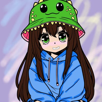 girl with anime shaped eyes with a dinosaur bucket hat oversized sweatshirt long straight hair