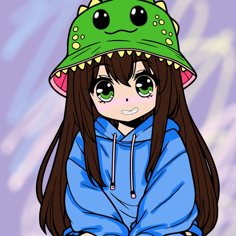 girl with anime shaped eyes with a dinosaur bucket hat oversized sweatshirt long straight hair