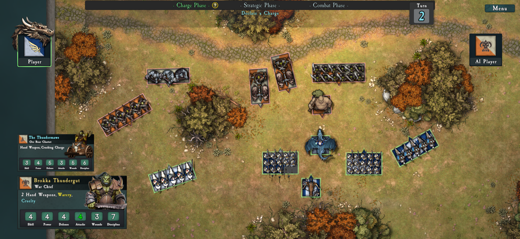 SOVL: Fantasy Warfare - Top-down view of a digital fantasy wargame battlefield with unit stat cards and tactical movement