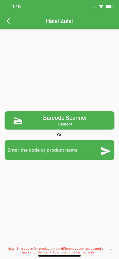 Halal Zulal - Main screen of the Halal Zulal app featuring buttons for a barcode camera scanner and manual product code entry.