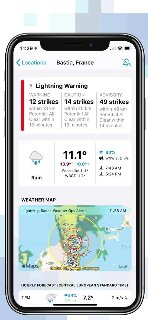 WeatherSentry app screen showing professional lightning strike alerts and weather map.
