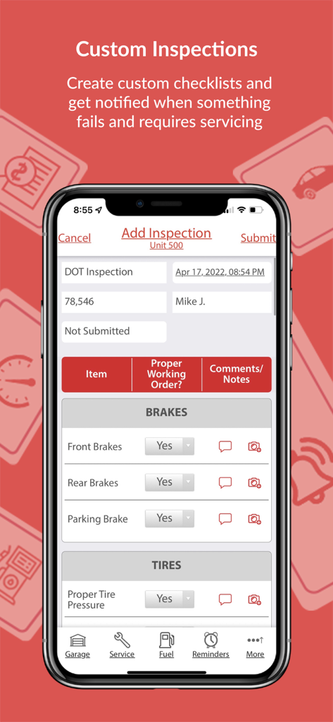 AUTOsist Fleet Management App - Mobile interface of AUTOsist app for conducting custom vehicle inspections and DOT compliance checks