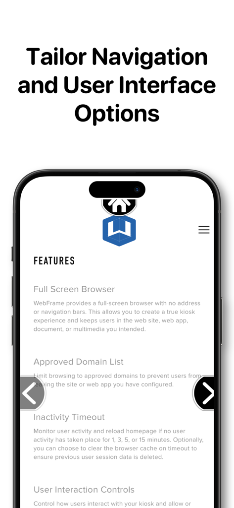 WebFrame Pro Kiosk app interface showing navigation and user interface customization features on a smartphone screen
