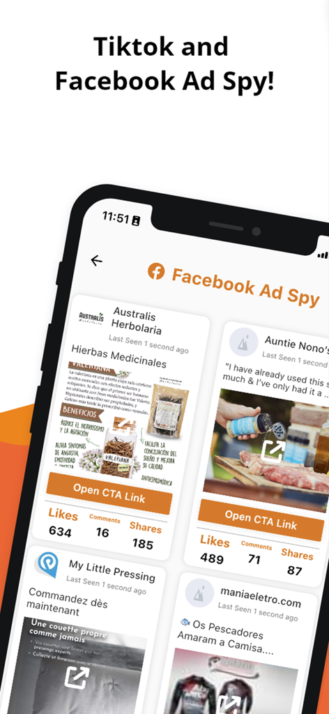 Dropshipping Analytics - Pantalla de la aplicación móvil mostrando la herramienta Facebook Ad Spy con varios anuncios de productos y sus métricas de interacción social como 'me gusta' y 'compartidos'.