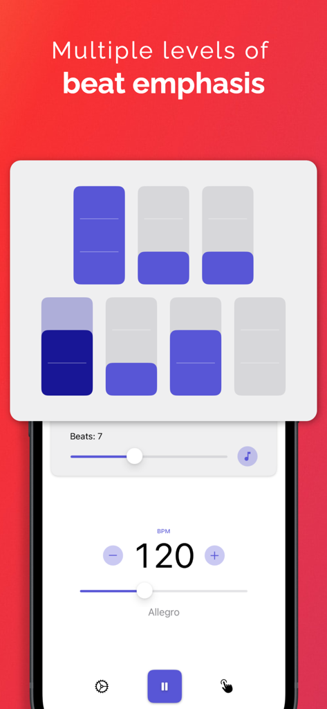 Easy Metronome - Easy Metronome app interface displaying adjustable beat emphasis levels and 120 BPM tempo.