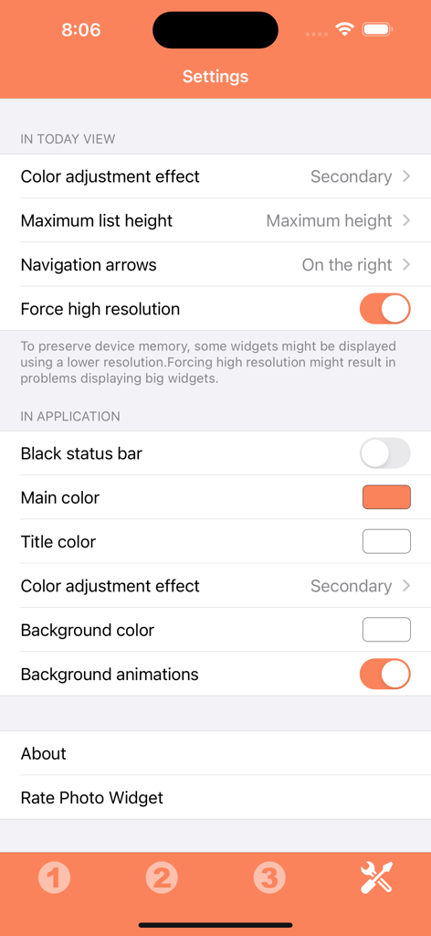 Photo Widget - Einstellungsbildschirm der Foto Widget-App, der Anpassungsoptionen für Farben und das Widget-Verhalten anzeigt.