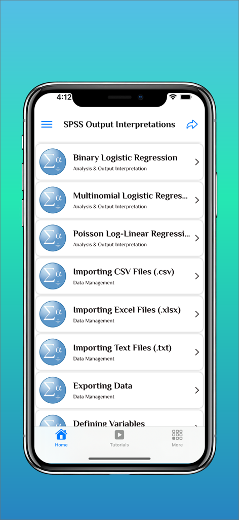 Menü der SPSS Software Guide App mit Tutorials für Regressionsanalyse und Datenmanagement