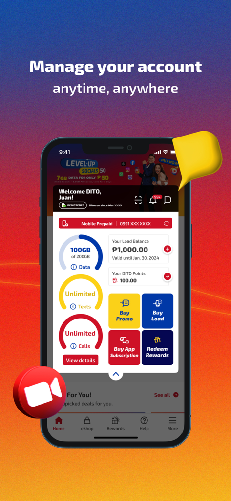 DITO mobile app dashboard showing real time account balance and data usage for Filipino users