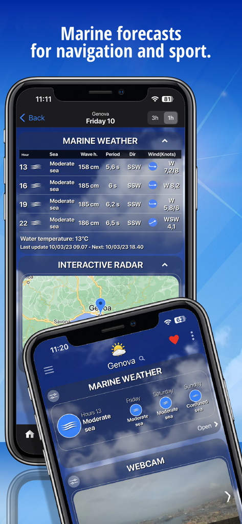 Previsioni meteo marine dettagliate per la navigazione e lo sport sull'app Meteo Plus