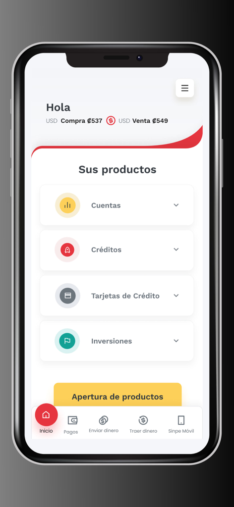 Main home screen of the Mutual Movil app displaying banking categories like accounts, credits, and investments.