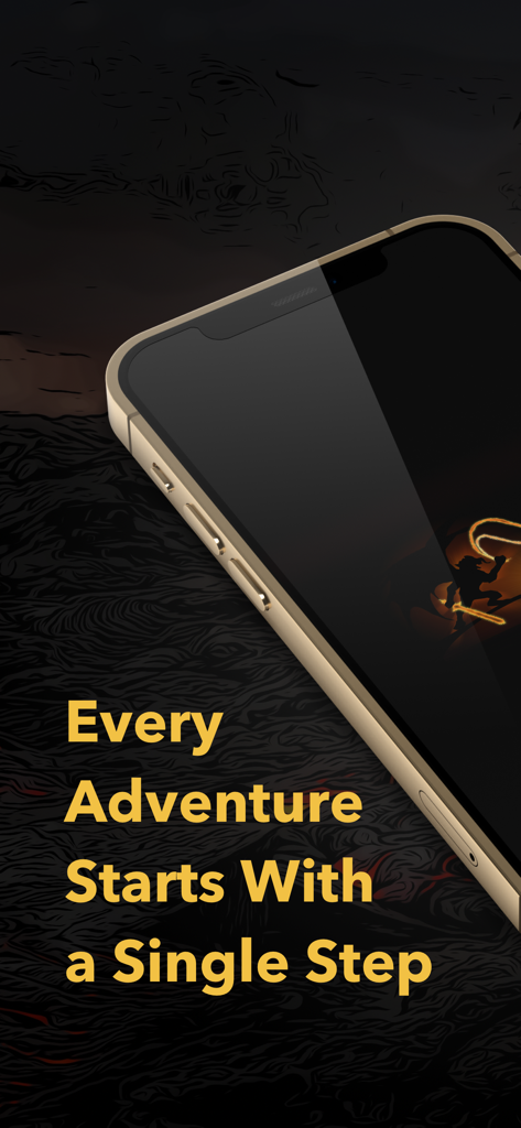 Fantasy Hike - ファンタジーキャラクターのシルエットと「すべての冒険は一歩から始まる」というテキストが表示されたFantasy Hikeアプリを示すスマートフォン。