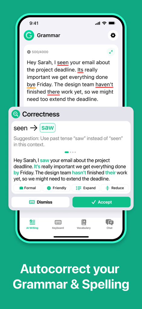 Grammar Check Corrector by AI - Interfaz de la aplicación Corrector de Gramática mostrando sugerencias de IA en tiempo real para errores de gramática y ortografía en un correo electrónico