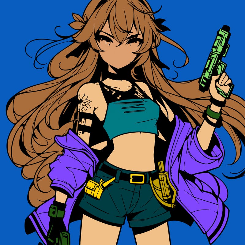 bad girl wearing crop top holding a gun long hair anime