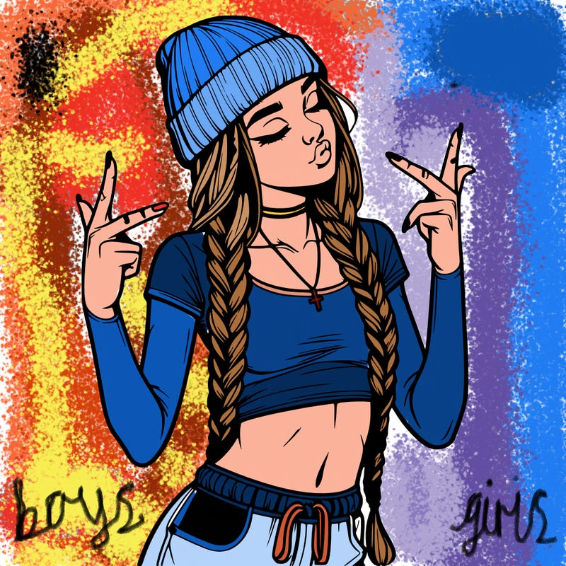 realistic teenage girl with braids and a beanie and crop top doing 🫶🏼