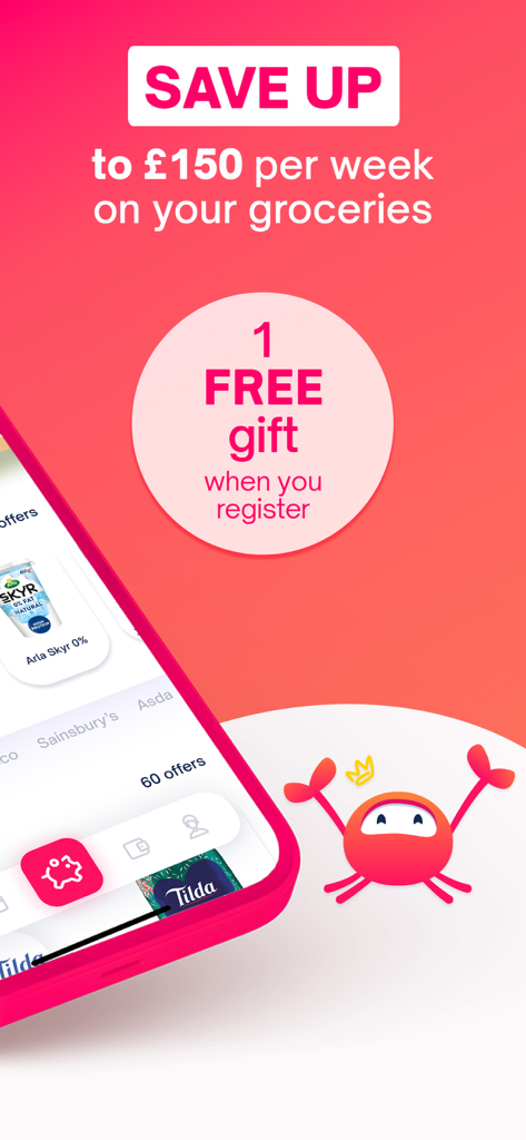 Schermata promozionale dell'app Shopmium che mostra risparmi sulla spesa fino a 150 sterline e un'offerta regalo gratuita