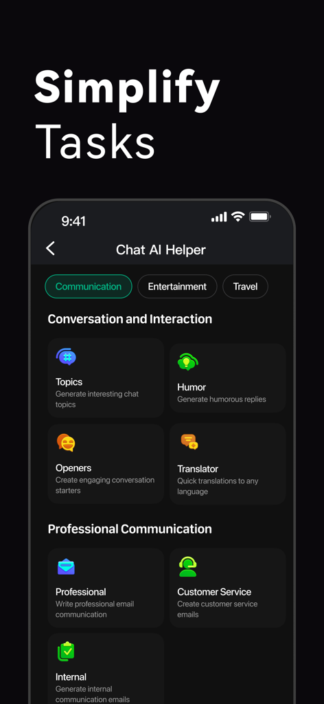 Chat AI 5 - Chatbot Assistant - Interface de l'application Chat AI 5 montrant des modèles de communication et de tâches professionnelles alimentés par l'IA