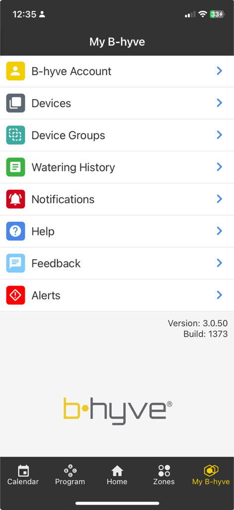 B-hyve - Pantalla de ajustes de cuenta y menú de dispositivos de la aplicación de riego inteligente B-hyve