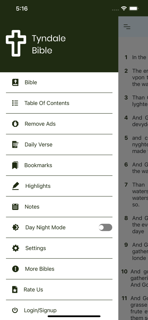 Tyndale Bible - Side navigation menu of the Tyndale Bible app showing study tools and settings