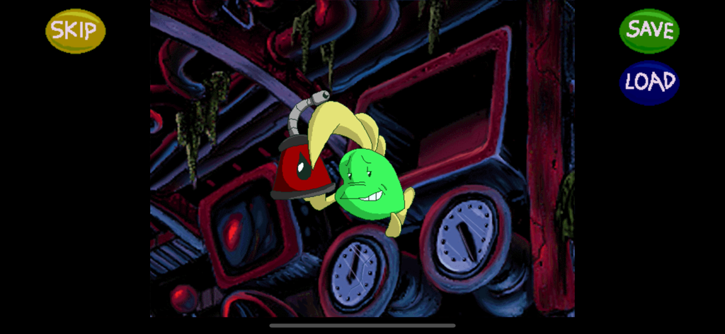 Freddi Fish 2: Haunted School - Luther el pez sosteniendo un objeto rojo en una escena de Freddi Fish 2 Haunted School