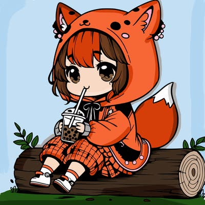 a cute anime realistic girl who is wearing a cute fox onesie and is drinking boba sitting on a log