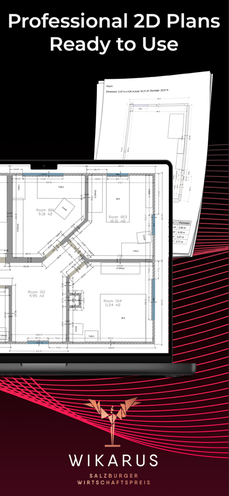 Metaroom - 3D Room Scanner - Un écran d'ordinateur portable affichant un plan d'étage architectural 2D professionnel avec des mises en page imprimées en arrière-plan.
