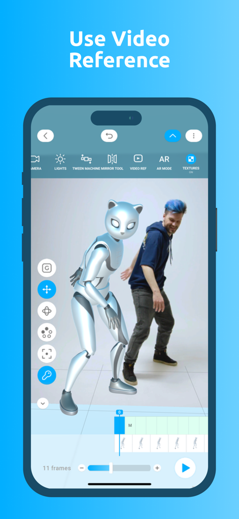 Un personnage robotique 3D animé dans l'application mobile Cascadeur en utilisant une vidéo d'une personne comme référence.