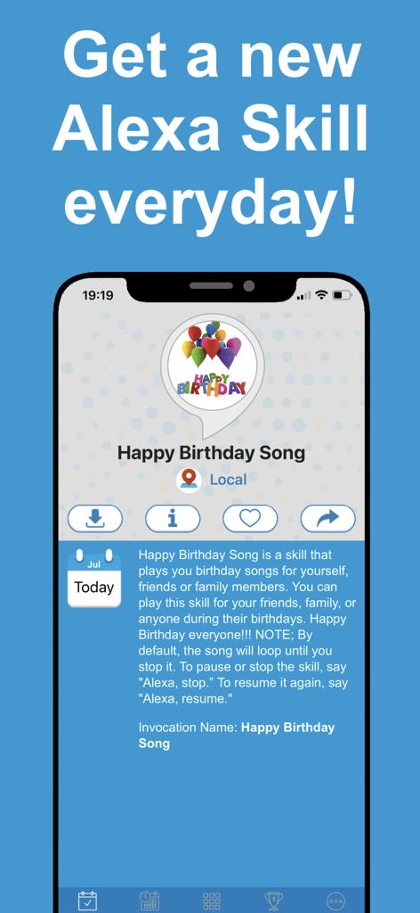 Screenshot of Skills for Amazon Alexa app showing the daily featured skill Happy Birthday Song