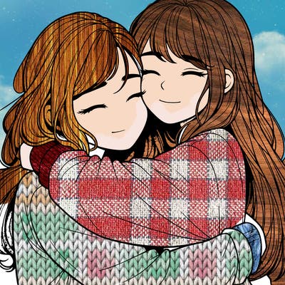 realistic two girls hugging