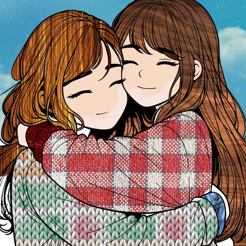 realistic two girls hugging