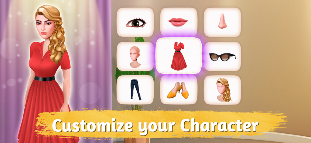 Roomflip: Design TV Show Game - Character customization screen in Roomflip showing a female avatar and fashion options like dresses, shoes, and hairstyles