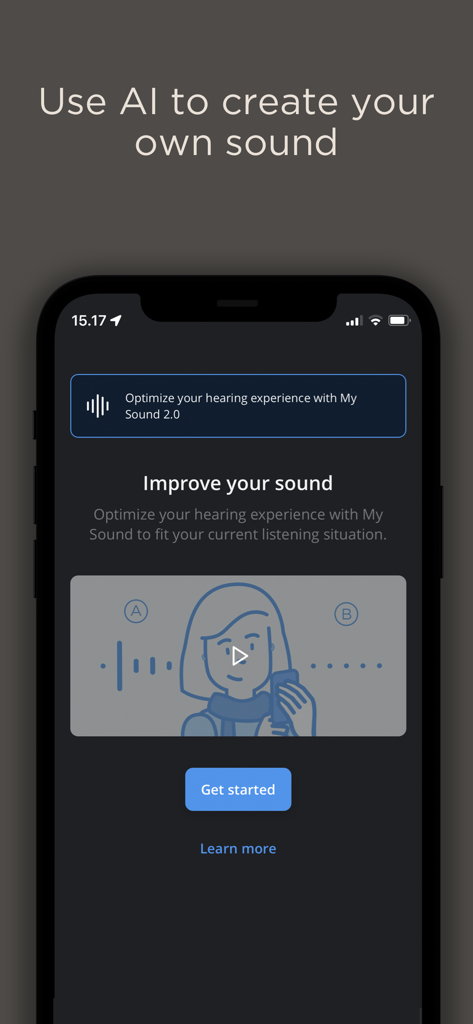 Widex Moment app screen showing AI personalization feature called My Sound