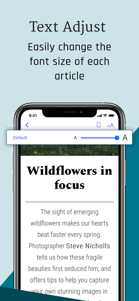 BBC Countryfile Magazine - The BBC Countryfile Magazine app interface displaying the text adjust feature to change font sizes on an article about wildflowers.