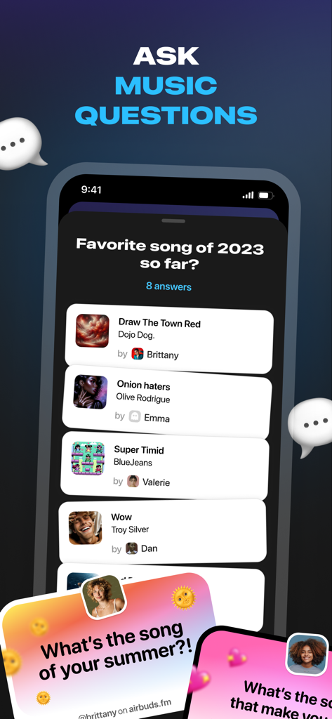 Airbuds Widget app screen showing a music question feature where friends share their favorite songs.