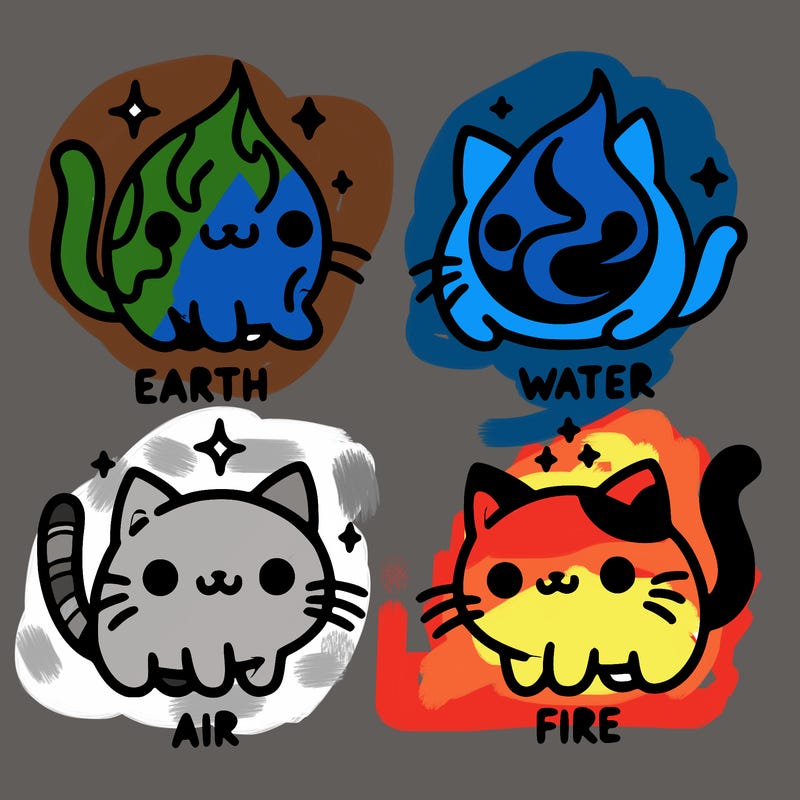 4 cats that represent the different elements, earth, water, air, and fire