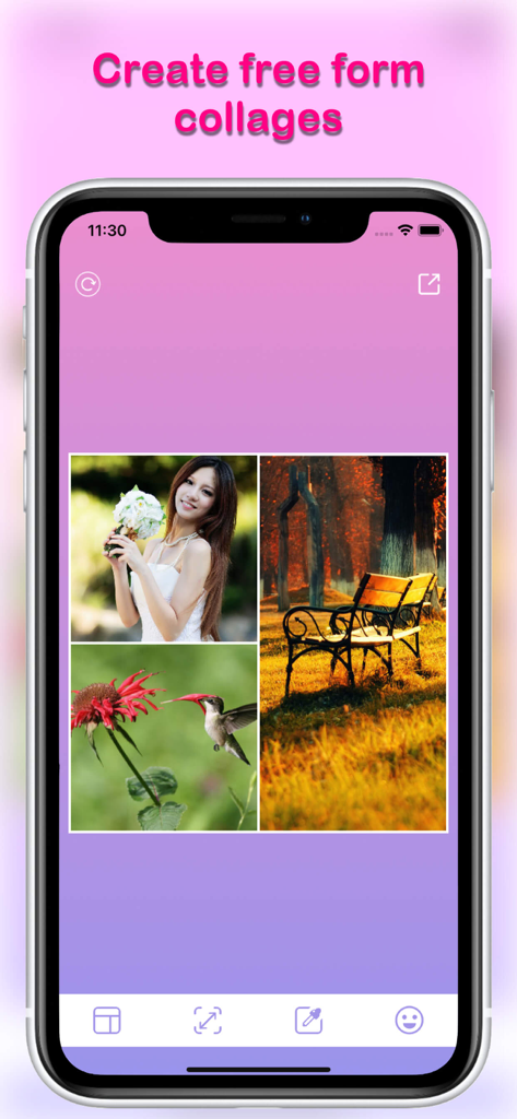 Interface of Pic Collage Maker showing a free form layout with a woman and nature photos