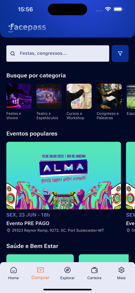 Schermata principale dell'app mobile Facepass Pessoal che mostra le categorie di eventi e gli eventi popolari come il festival musicale ALMA.