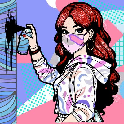 realistic girl with mask spray painting a wall