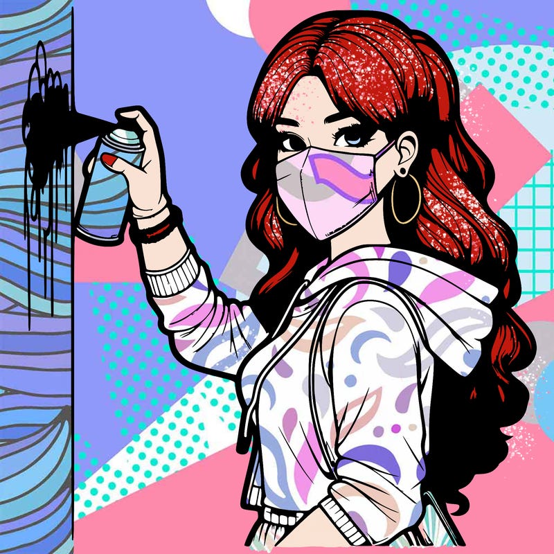 realistic girl with mask spray painting a wall