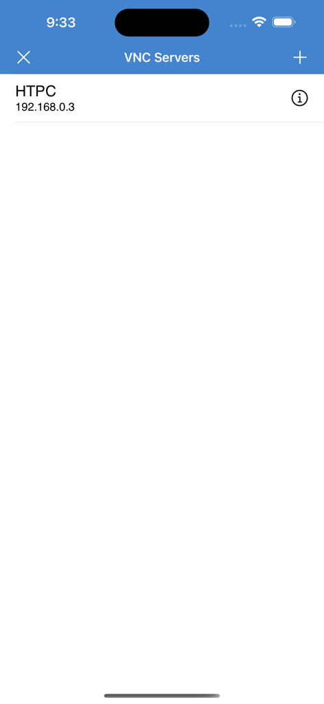 VMouse - VNC Remote Mouse - List of configured VNC servers in the VMouse app showing an HTPC connection
