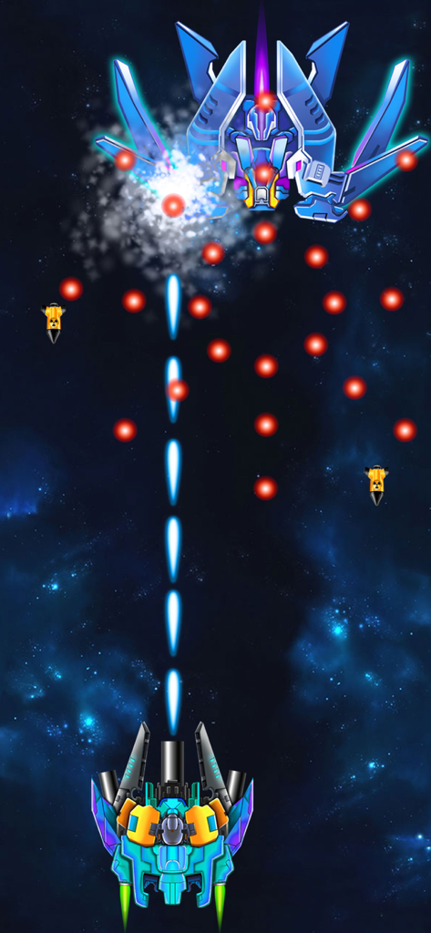 Spaceship engaged in a boss fight during Galaxy Attack Alien Shooter gameplay