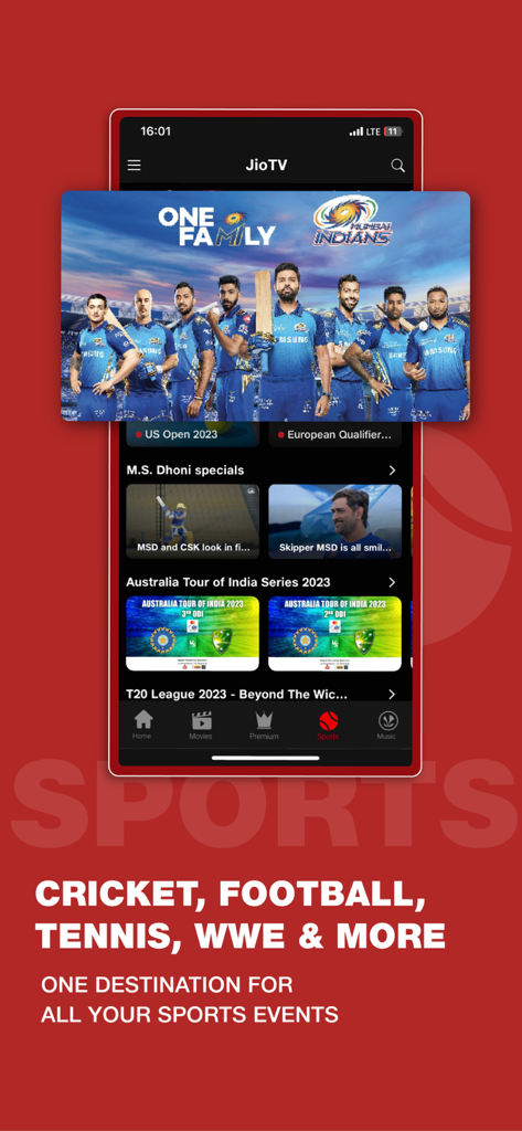Schermata dell'app mobile JioTV che mostra le categorie di streaming per cricket, calcio e tennis