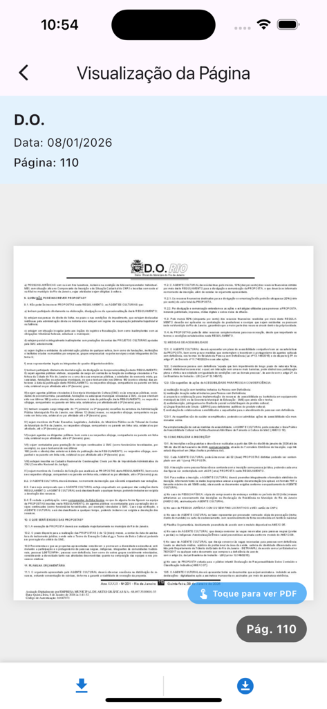Screenshot of the Diário Oficial PCRJ app showing a page visualization of an official document from Rio de Janeiro.