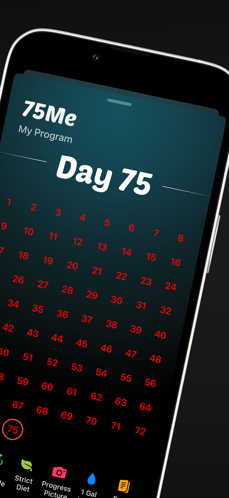A screenshot of the 75Me app showing the Day 75 progress calendar and habit tracking icons for diet, photos, and water.