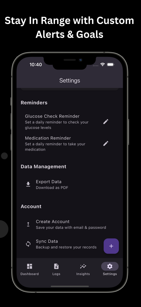 Tela de configurações do aplicativo Glucose Tracker mostrando lembretes de verificação de glicose, alertas de medicação e opções de exportação de dados.