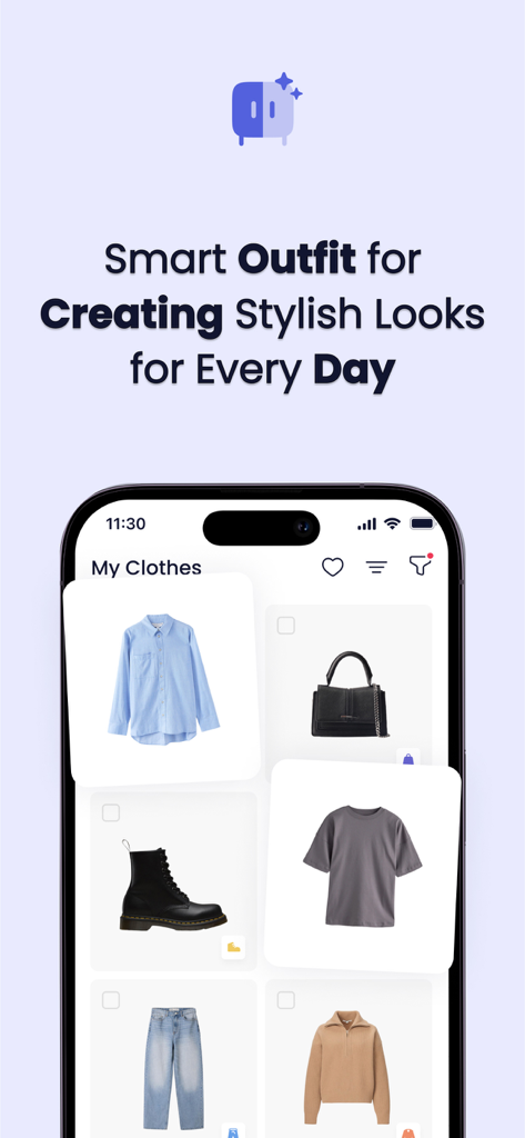 Smart Outfit: AI Stylist - Smartphone screen showing the digital wardrobe section of the Smart Outfit app with various clothing items and accessories