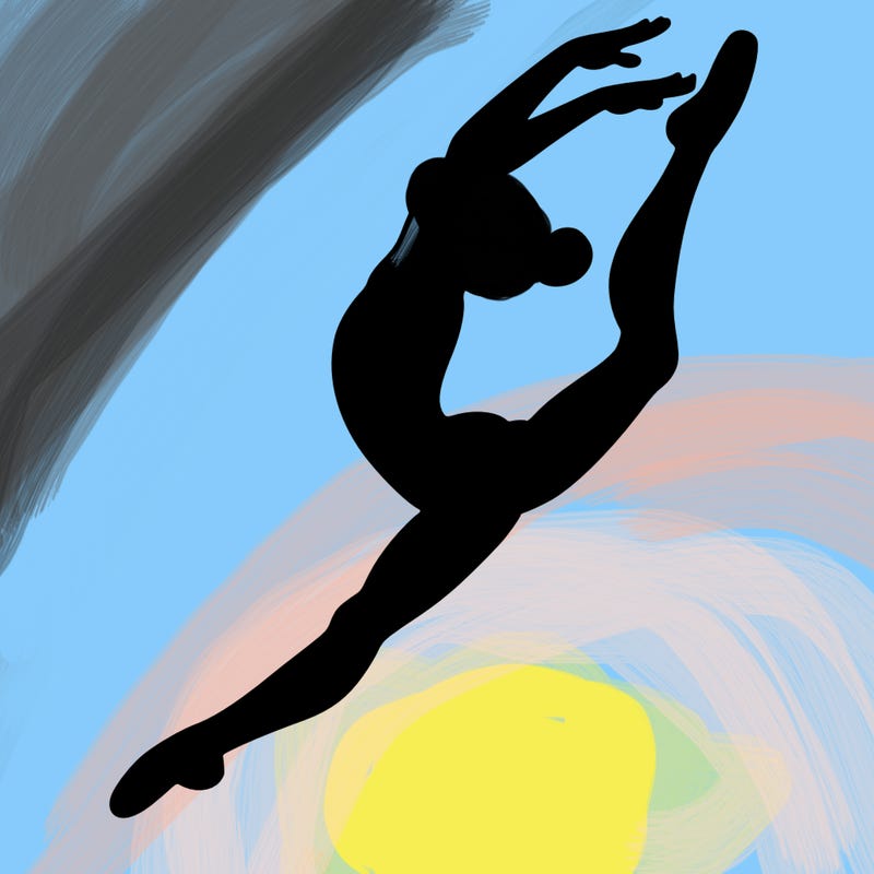 gymnast doing a leap in a leotard with a bent back leg