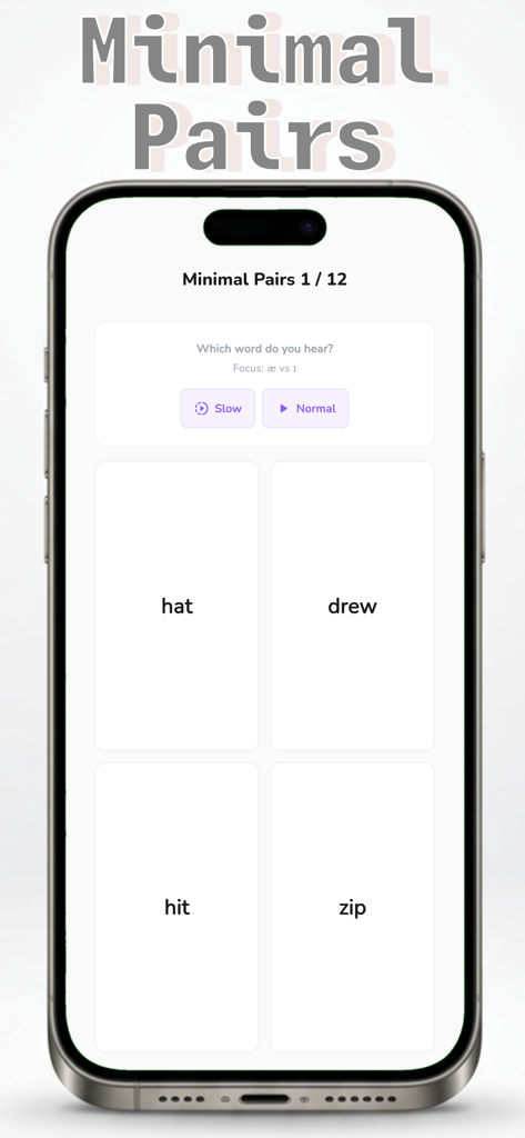 Phonics Sense - Captura de tela do aplicativo Phonics Sense mostrando um exercício de audição de pares mínimos para distinguir entre sons ingleses semelhantes